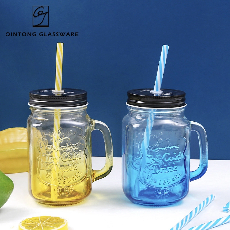 Wholesale 500ml 16oz Mason Glass Jar with Handle Lids and Straws for Drinking Preserving