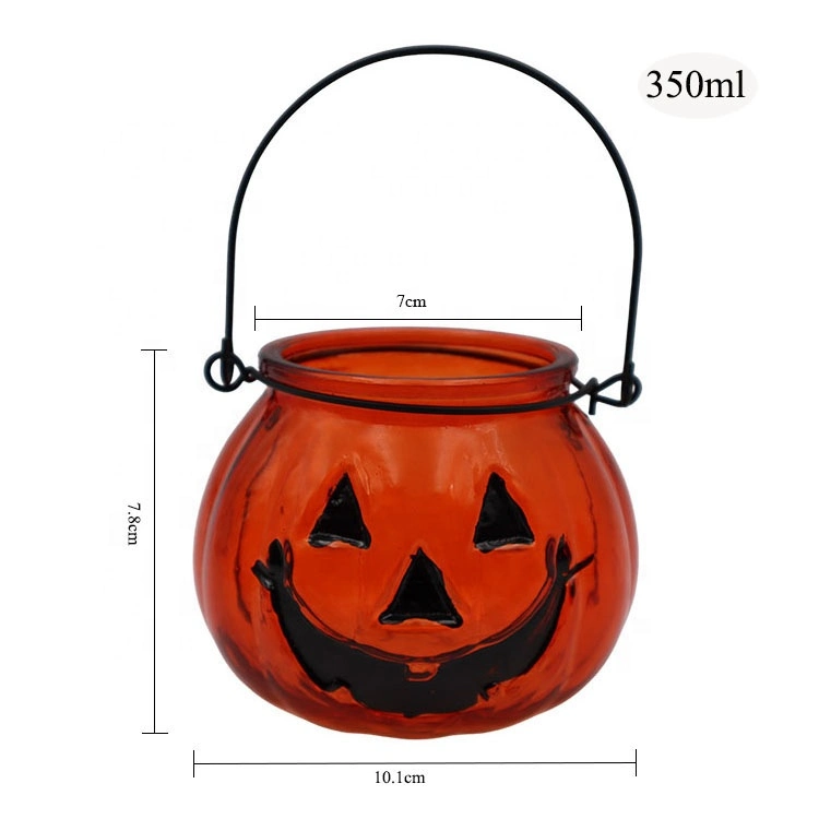 Home Decoration Orange Halloween Glass Pumpkin Candle Holders with Metal Hanger